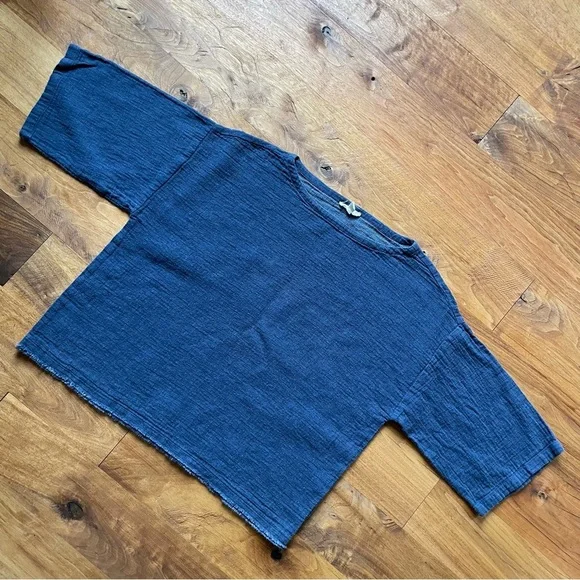 Eileen Fisher Lagenlook Organic Cotton/Linen Woven Casual Blue Boxy Top - Picture 5 of 10